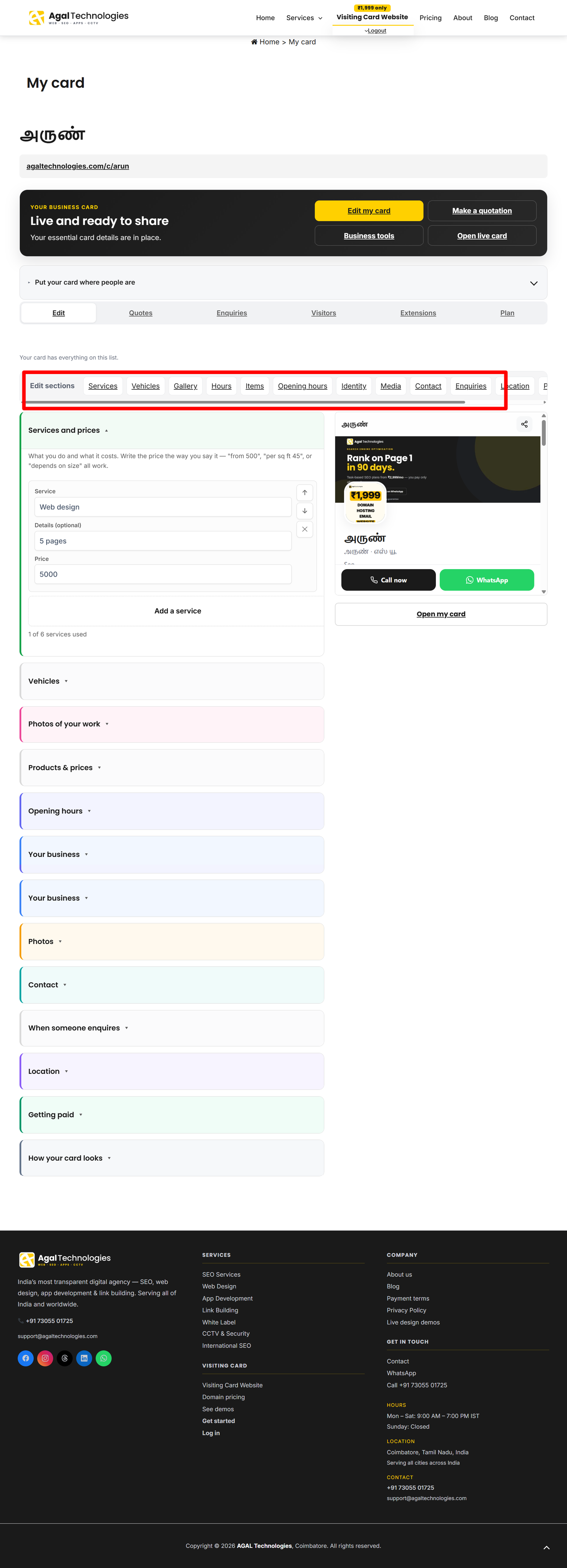 Agal card owner editor with a live website preview