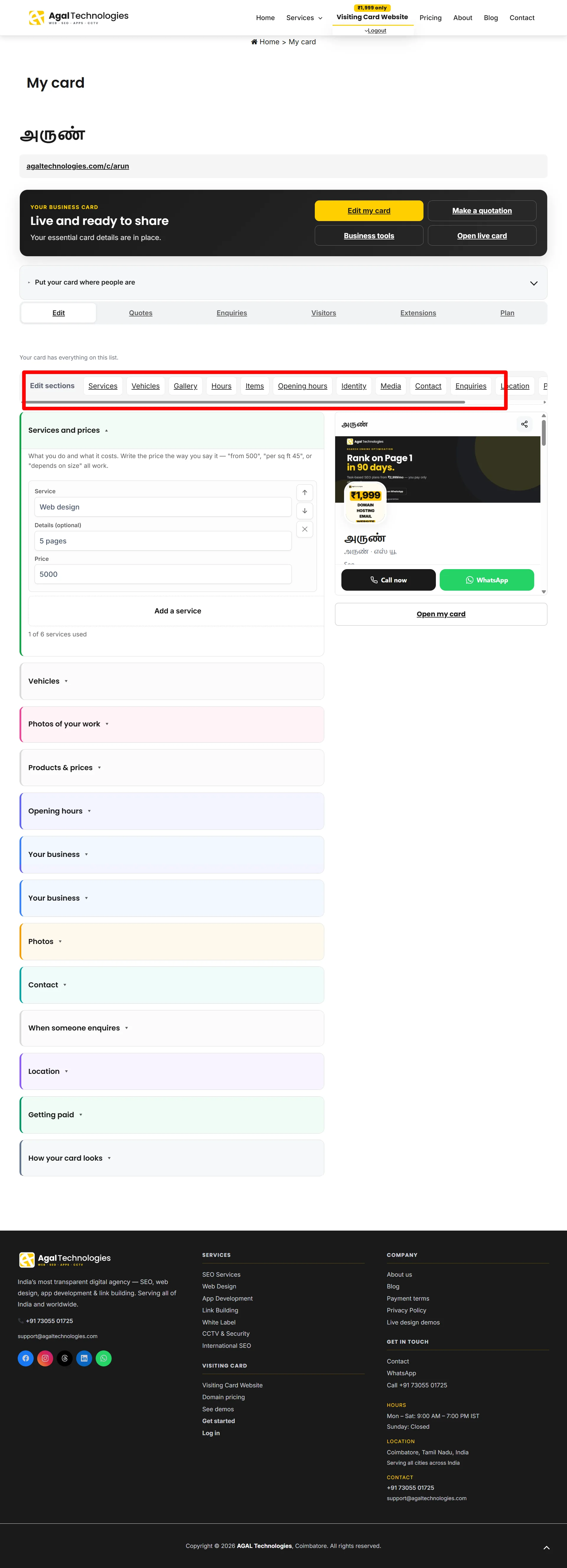 Agal card owner editor with a live website preview