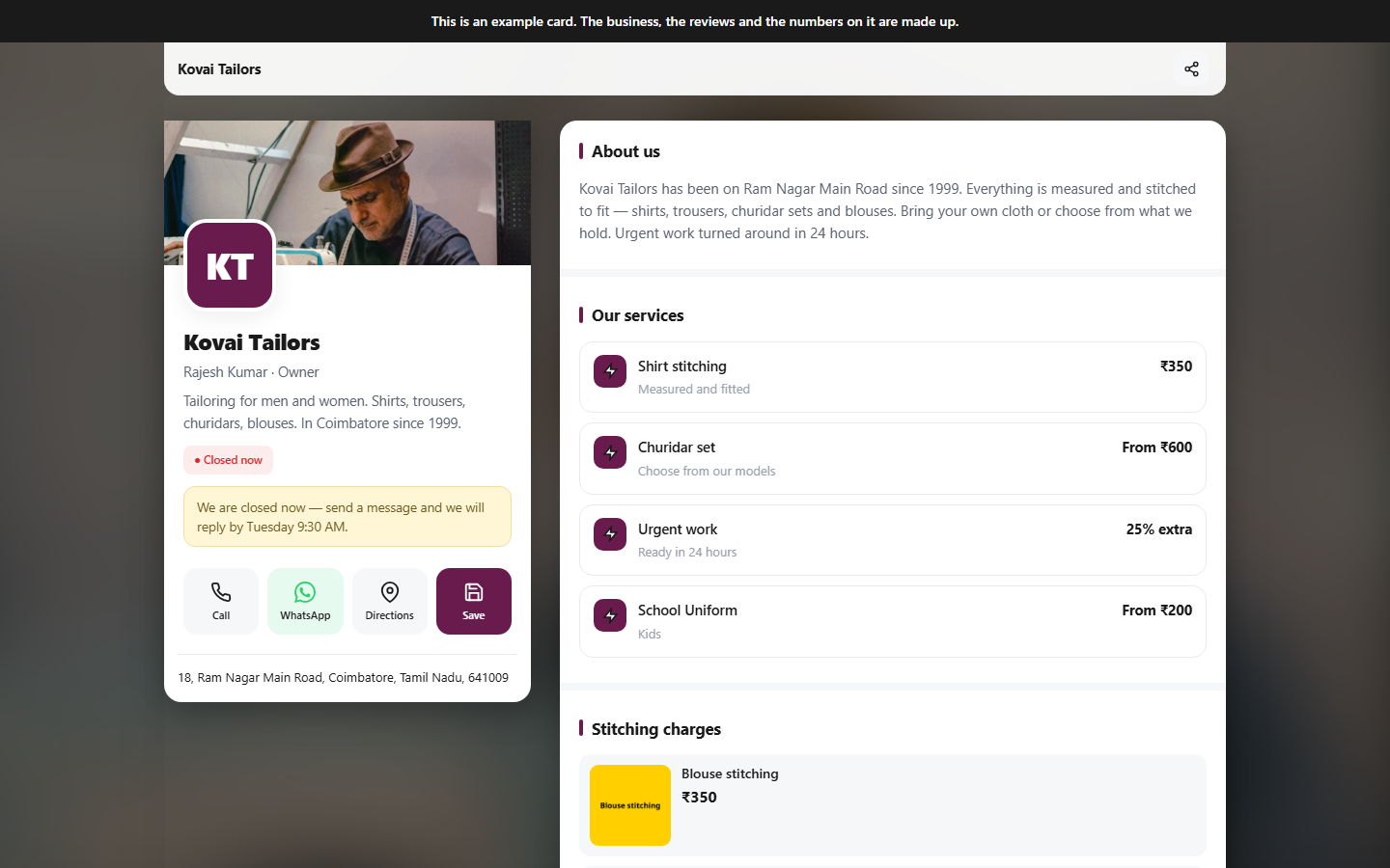 Visiting card website desktop view