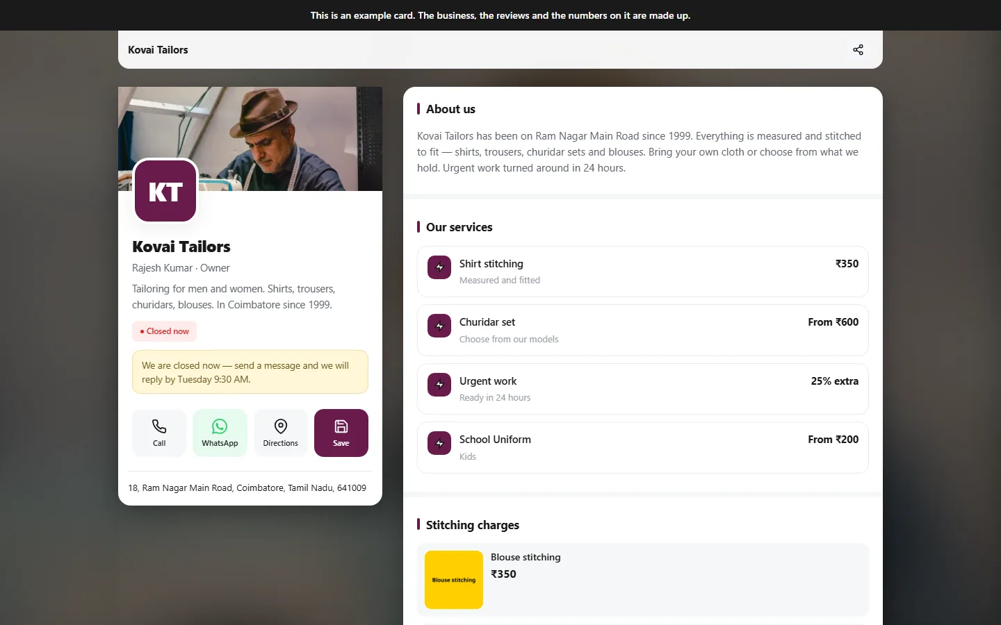 Visiting card website desktop view