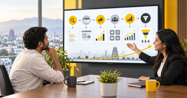 Coimbatore business owner reviewing a digital marketing strategy with an agency partner