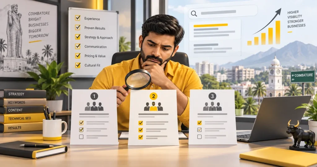 Business owner comparing SEO company proposals in Coimbatore