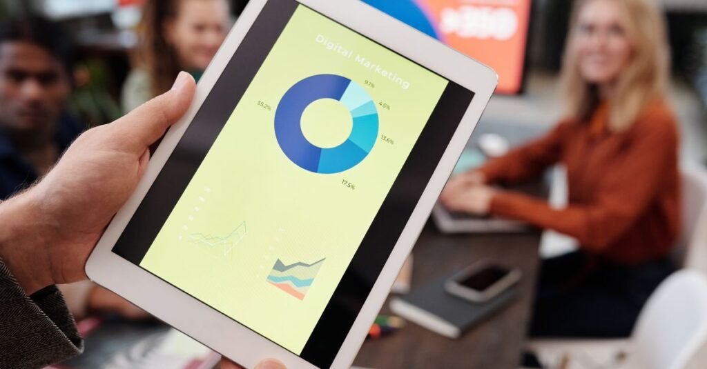 Digital marketing analytics dashboard used during a business planning meeting