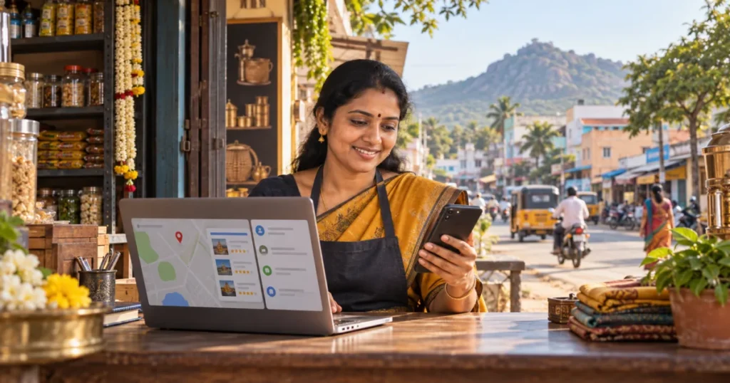 Palani small-business owner reviewing local search visibility and customer enquiries
