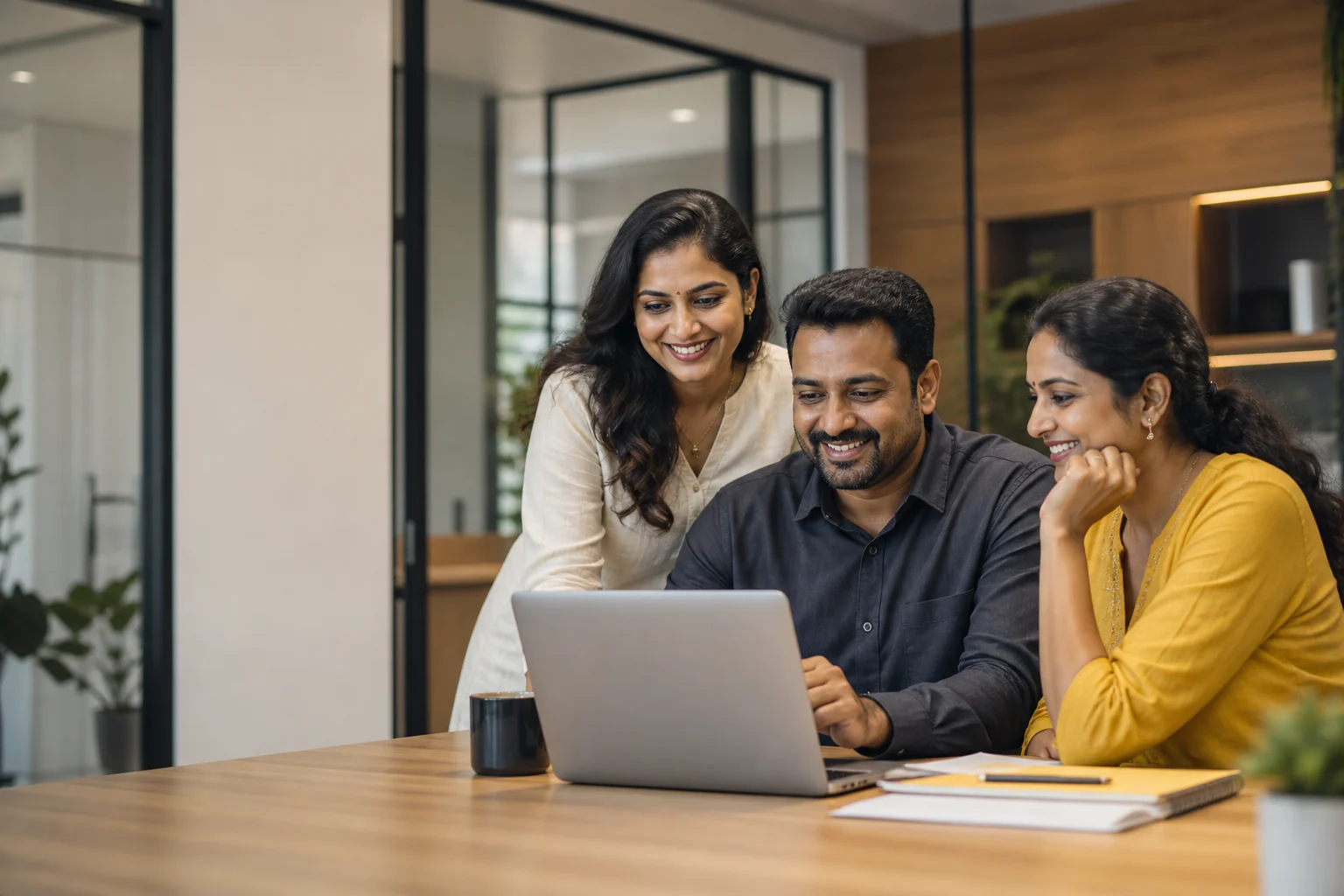 Successful Indian entrepreneurs reviewing their business website