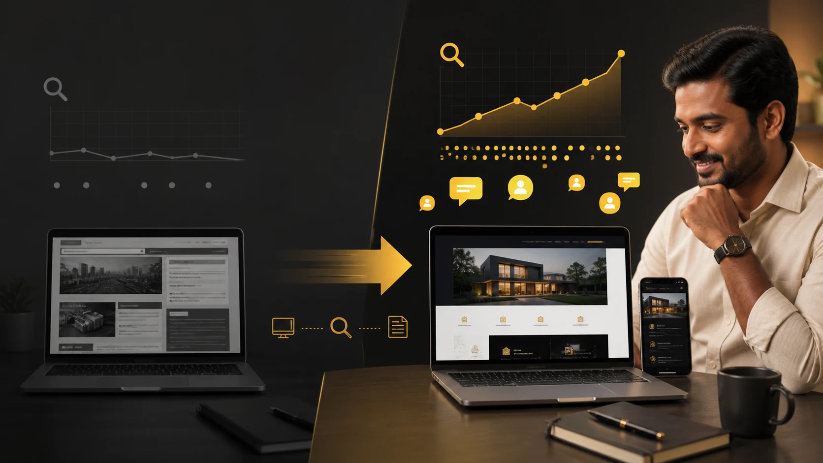 Comparison showing how a clearer website and on-page SEO can support visibility and enquiries