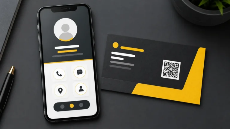 Digital visiting card on a smartphone beside a printed business card with QR code