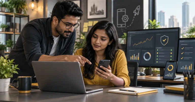 Indian product team reviewing mobile app maintenance, monitoring and security after launch