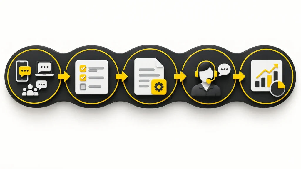 Five-stage WhatsApp automation planning workflow from enquiries to review