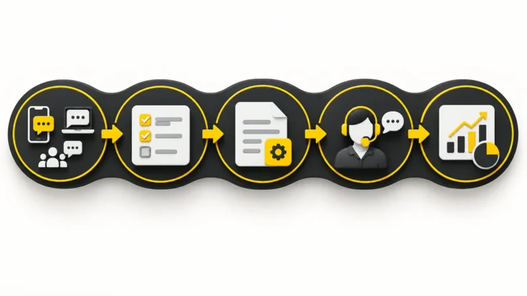 Five-stage WhatsApp automation planning workflow from enquiries to review